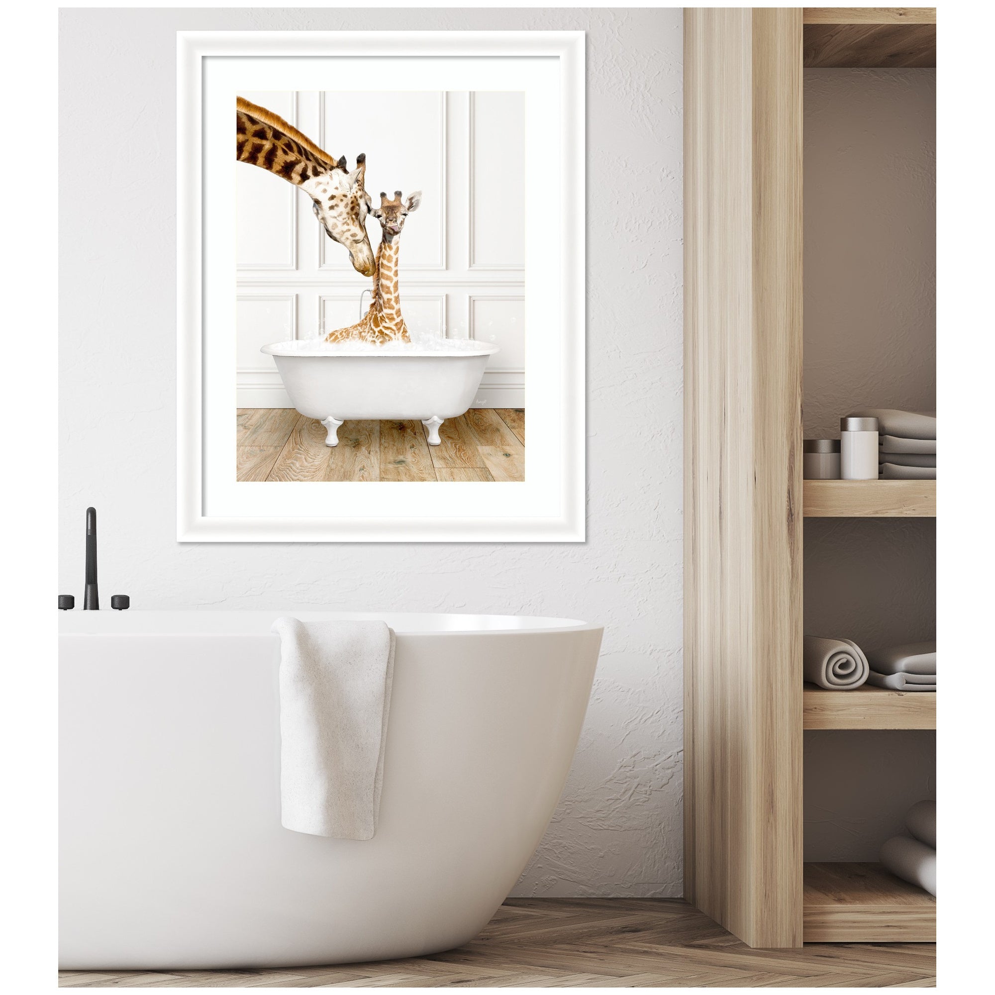 Mother and Baby Giraffe in Traditional Vintage Bathtub by Amy Peterson Framed Wall Art Print