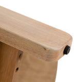 Close-up of a light wood chair armrest with rounded edge and a small black adjustable screw on the side, showing subtle wood grain texture.