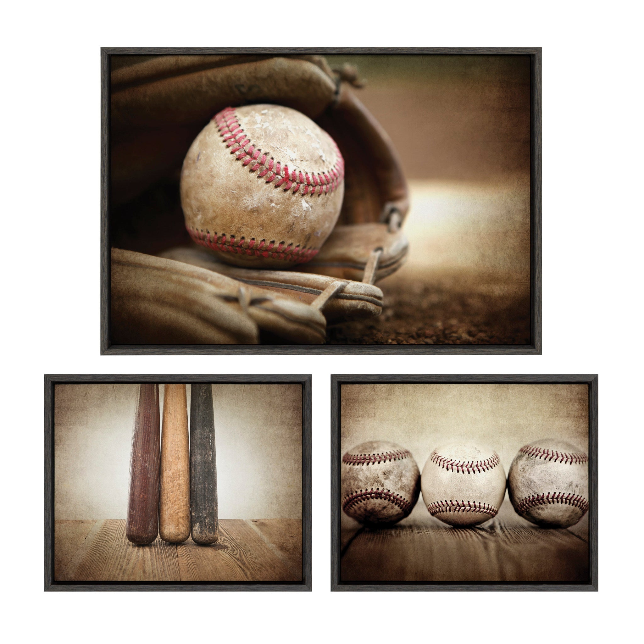 Framed Sylvie vintage baseball bats, glove on home plate, and vintage baseballs canvas art set