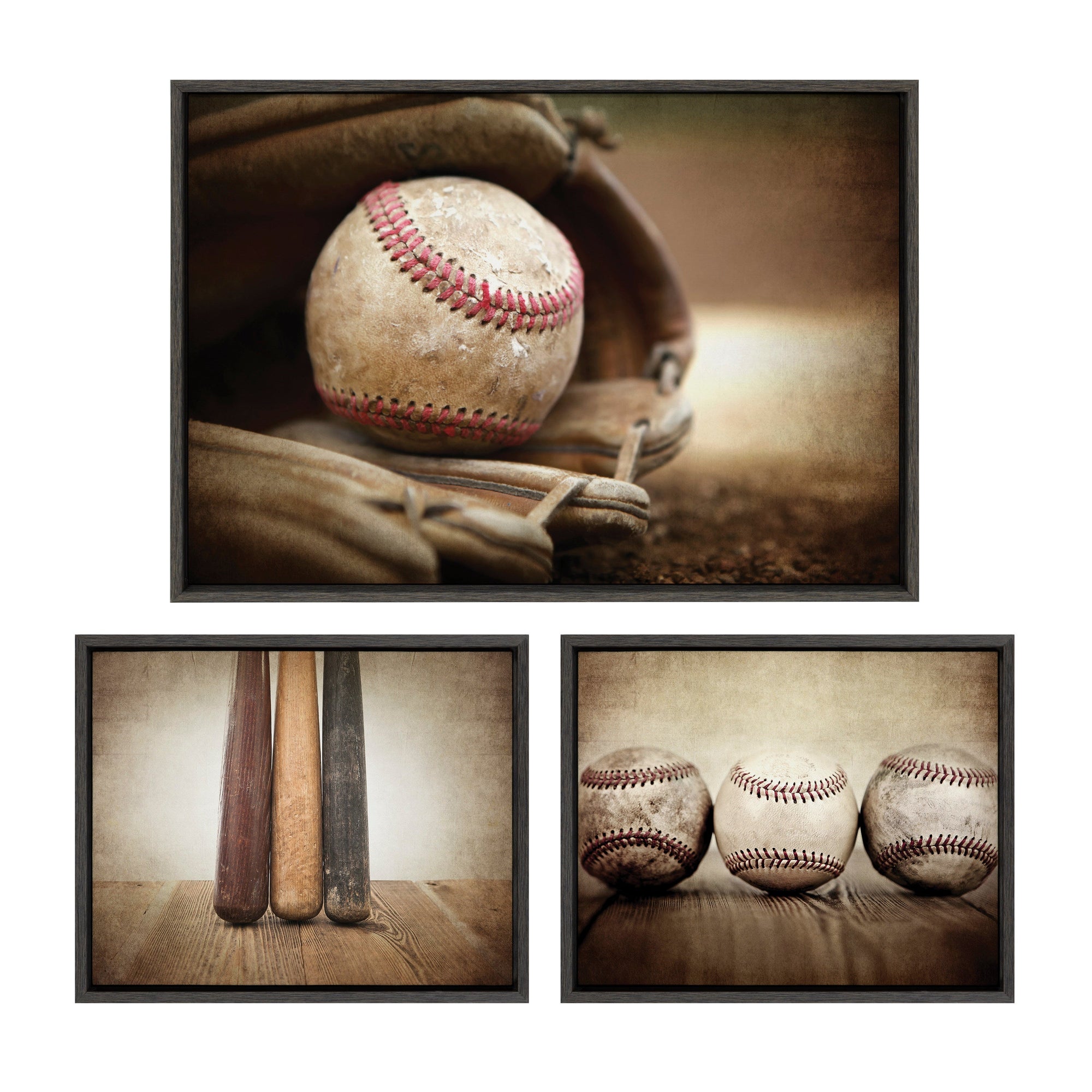 Sylvie Three Vintage Bats, Baseball Glove at Home Plate and Three Vintage Baseballs Framed Canvas Art Set