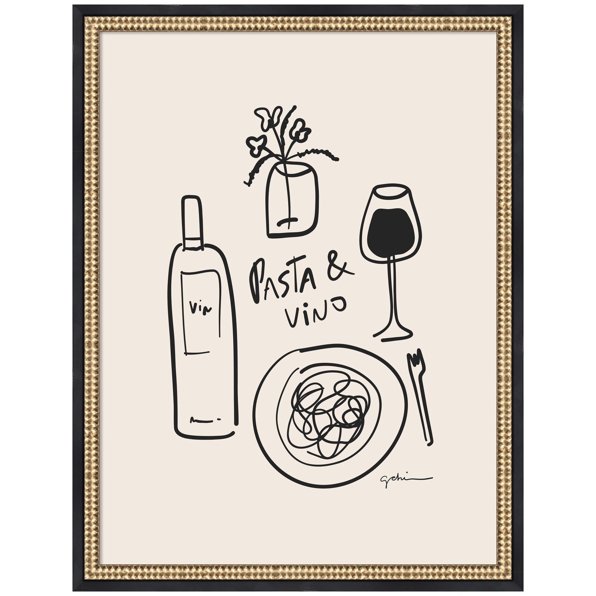 Pasta and Vino framed wall art print by Gabrielly Guedes in a black frame against a neutral background