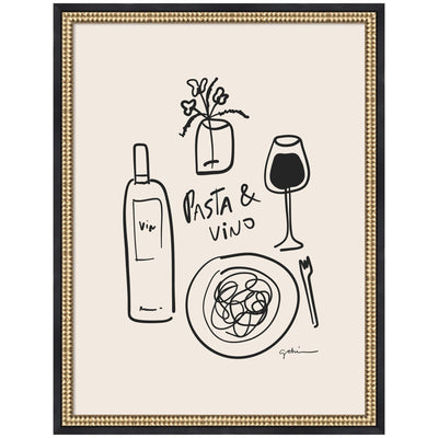 Pasta and Vino framed wall art print by Gabrielly Guedes in a black frame against a neutral background