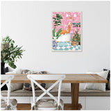 Illustration of a llama relaxing in a white bathtub surrounded by lush green plants and decorative items on a pink patterned wall with blue and white tiled floor.