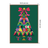 Geometric Christmas tree on green background with colorful abstract shapes and a large pink bow at the top, framed with brown edges and two stylized gifts below.