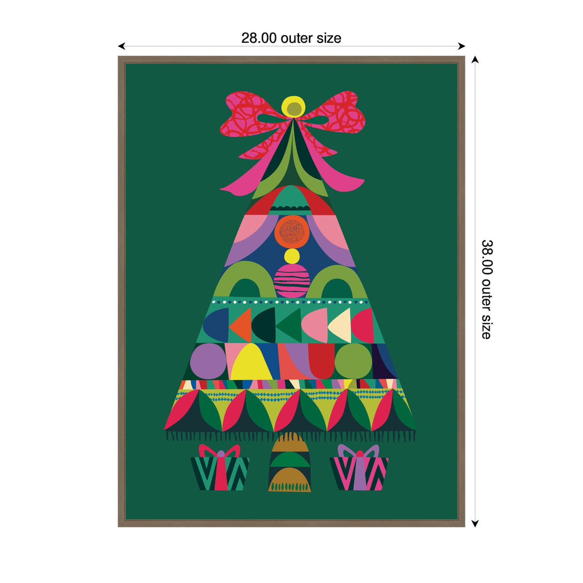 Geometric Christmas tree on green background with colorful abstract shapes and a large pink bow at the top, framed with brown edges and two stylized gifts below.