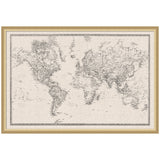 Vintage-style black and white world map printed on textured linen fabric, framed in light wood, showing continents with detailed country borders and place names.