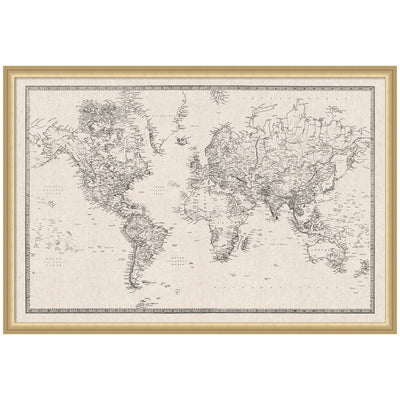 Framed Fabric Pinboard Vintage Black and White Linen World Map Wall Organization