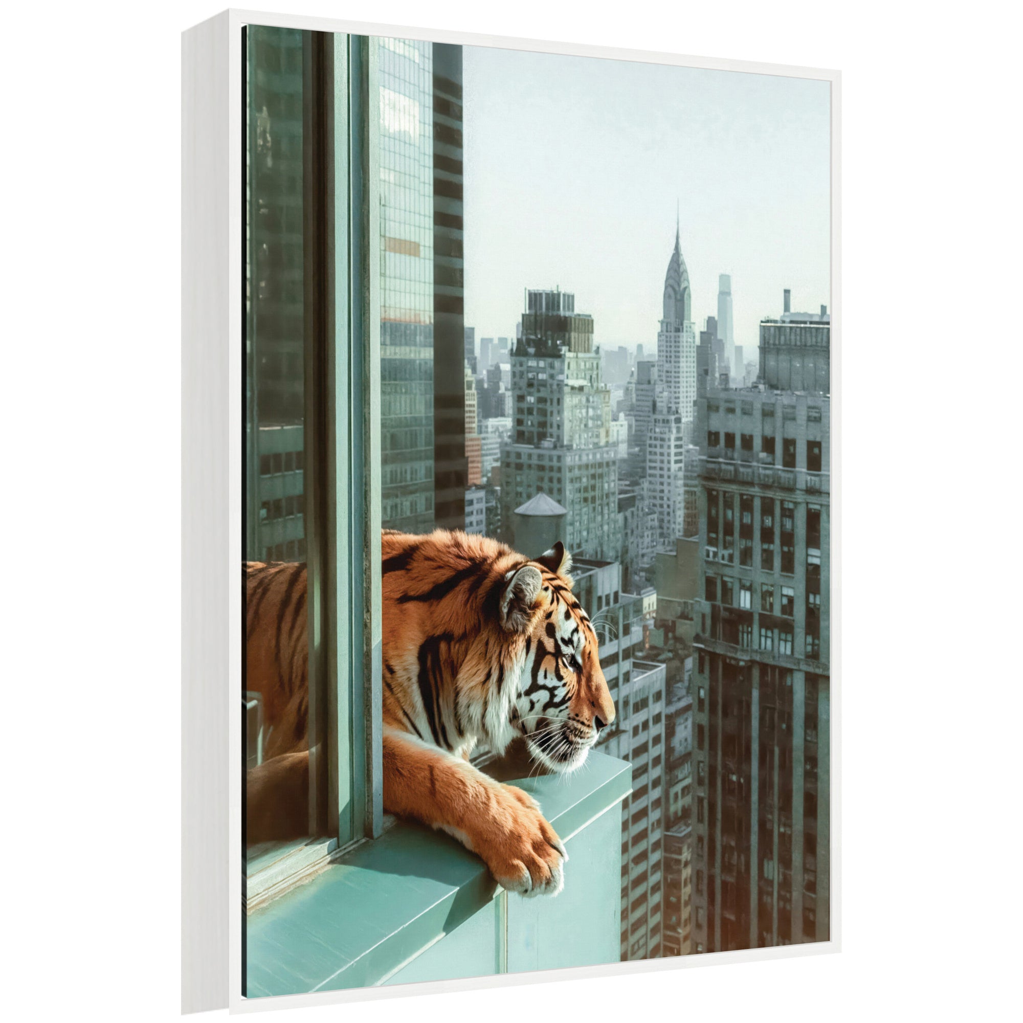 Sylvie Urban Tiger Overlooking Manhattan Framed Canvas by Michael Schauer