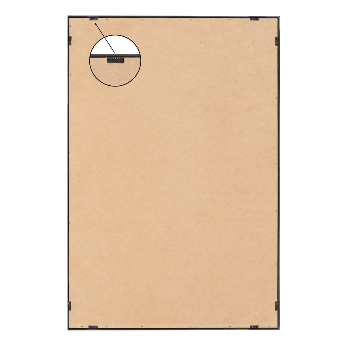 Back of a rectangular framed canvas with a brown cardboard backing secured by metal clips and a triangular hanging bracket near the top center.