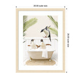 Two penguins in a clawfoot bathtub filled with bubbles on a woven rug, with palm fronds in the background and one penguin jumping in.