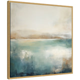 Abstract landscape painting with soft blue and white tones blending into muted beige and brown horizons, framed in light wood.