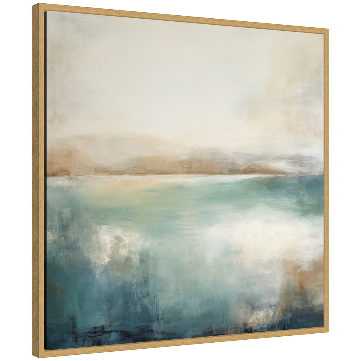 Abstract landscape painting with soft blue and white tones blending into muted beige and brown horizons, framed in light wood.
