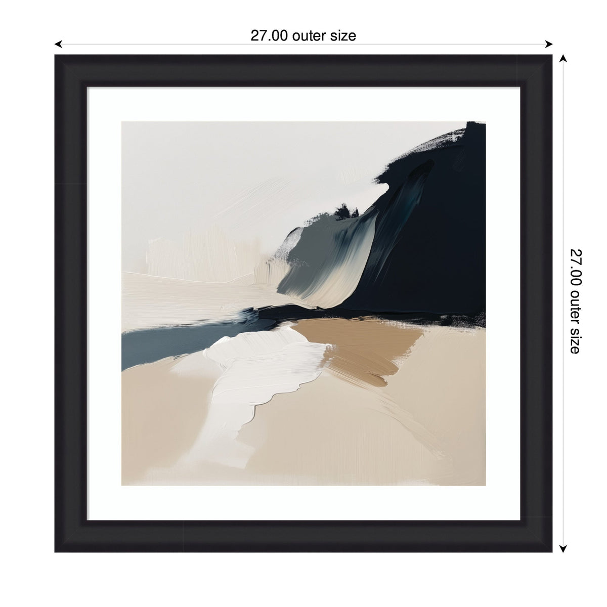 Abstract landscape painting with dark cliffs, soft tan and white sands, and light gray sky, framed in black with white matting.
