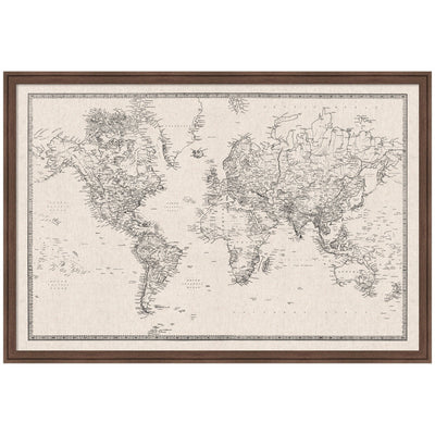 Framed Fabric Pinboard Vintage Black and White Linen World Map Wall Organization