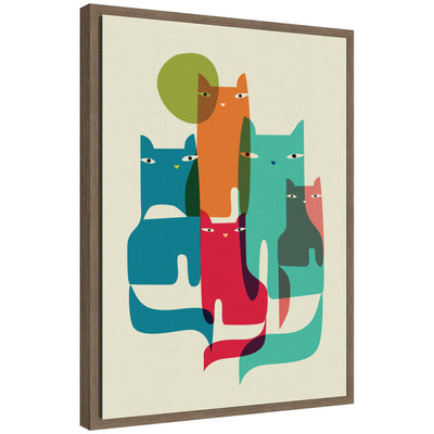 Sylvie Retro Cats Under The Moon framed canvas art showing abstract retro cat figures under a stylized moon with a floating polystyrene frame