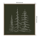 Three tall, slender minimalist evergreen tree line sketches in white on dark green canvas with a simple brown frame, with dimensions marked as 30x30 inches.