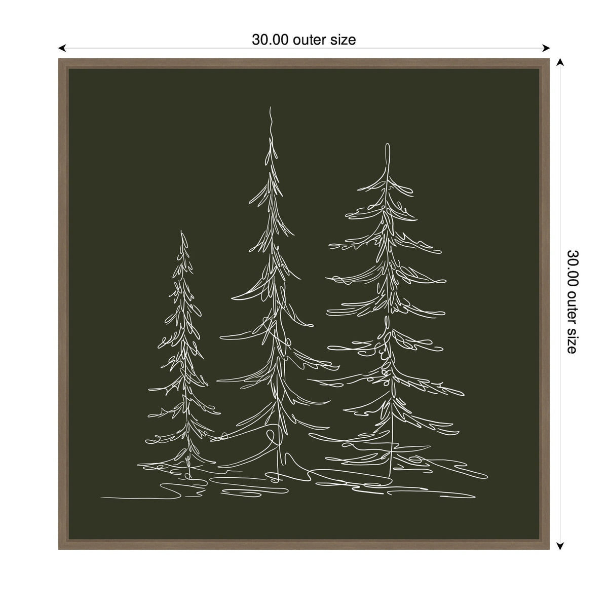 Three tall, slender minimalist evergreen tree line sketches in white on dark green canvas with a simple brown frame, with dimensions marked as 30x30 inches.