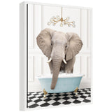 Large gray elephant standing inside a pale blue clawfoot bathtub filled with bubbles on a black-and-white checkered floor beneath a modern gold chandelier.