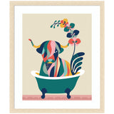 Colorful abstract bull with floral horns sitting in a clawfoot bathtub framed in Mid Century Modern style