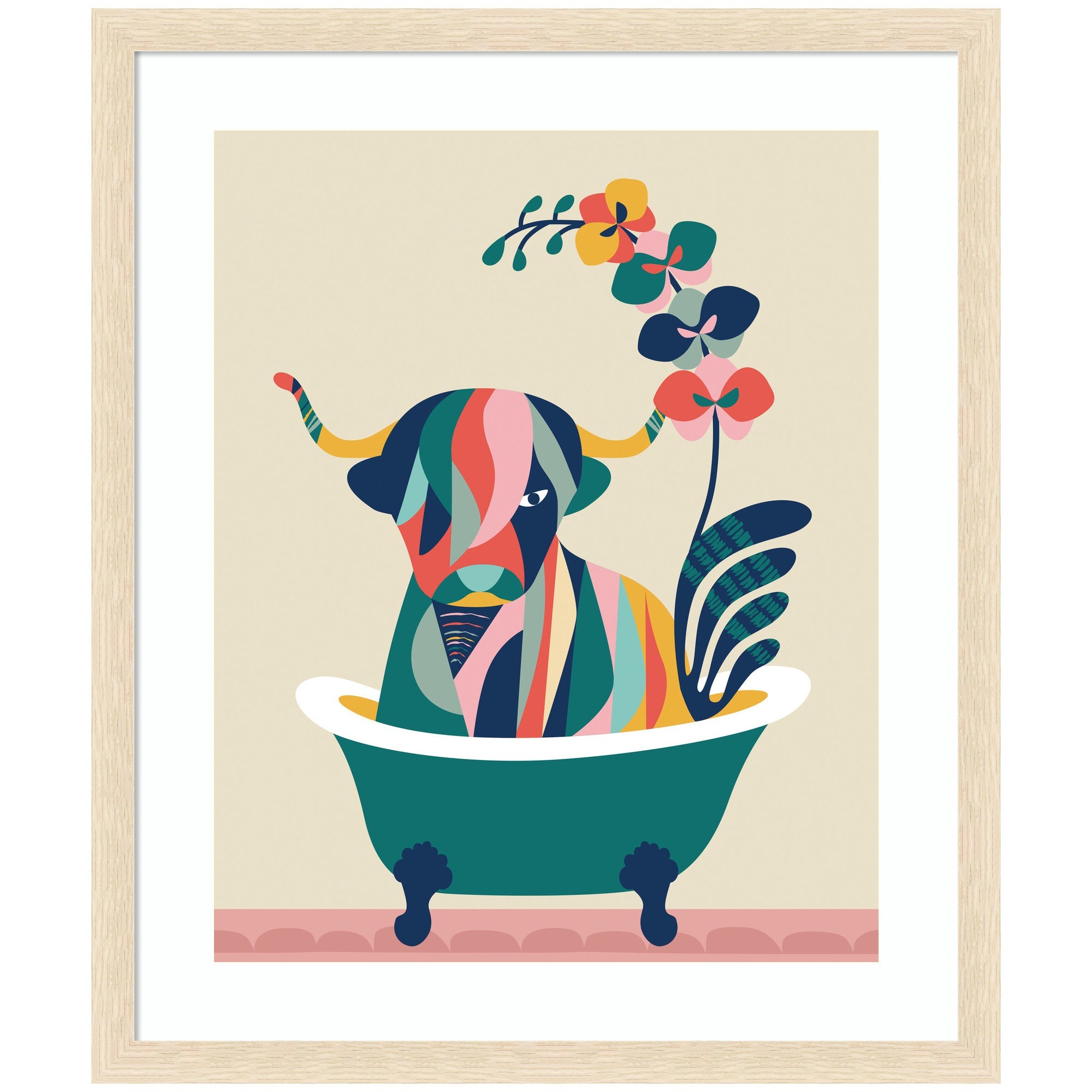 Colorful abstract bull with floral horns sitting in a clawfoot bathtub framed in Mid Century Modern style