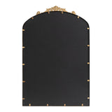 Rectangular arched mirror with a decorative gold crest at the top and a black frame secured by small gold fasteners evenly spaced around the edges.