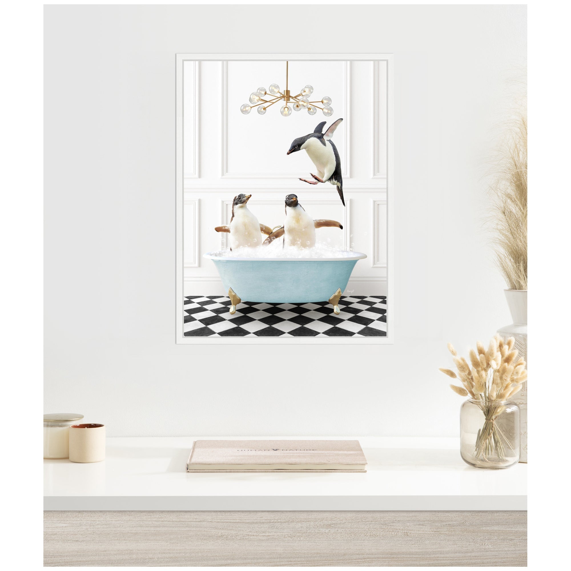 Sylvie Penguins in Blue Bathtub on Checker Floor Framed Canvas by Amy Peterson