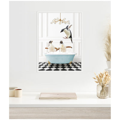 Sylvie Penguins in Blue Bathtub on Checker Floor Framed Canvas by Amy Peterson