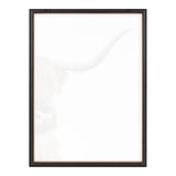 Close-up vertical portrait of a Highland cow focusing on its long curved horn and chestnut fur, set against a white background in a dark frame.
