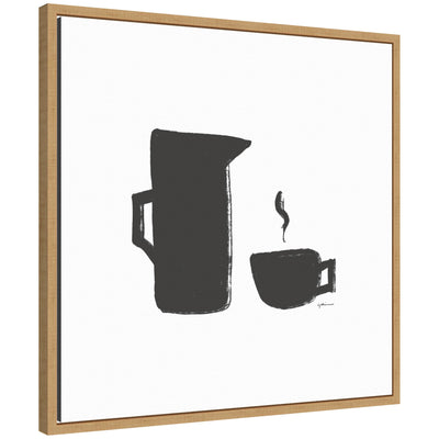 Framed canvas wall art print titled 'Coffee' by Gabrielly Guedes, shown in a clean modern styled room.