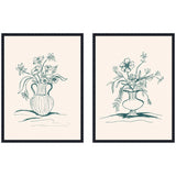 Two framed line drawings of floral arrangements in vases, each with delicate green flowers and leaves on a light beige background.
