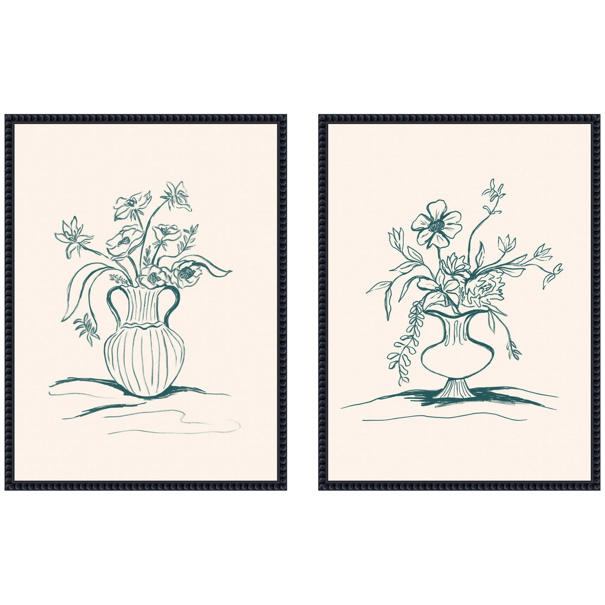 Two framed line drawings of floral arrangements in vases, each with delicate green flowers and leaves on a light beige background.