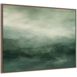 Abstract horizontal landscape painting in shades of sage and emerald green with soft, blended textures suggesting misty forest hills under a cloudy sky in a wooden frame.