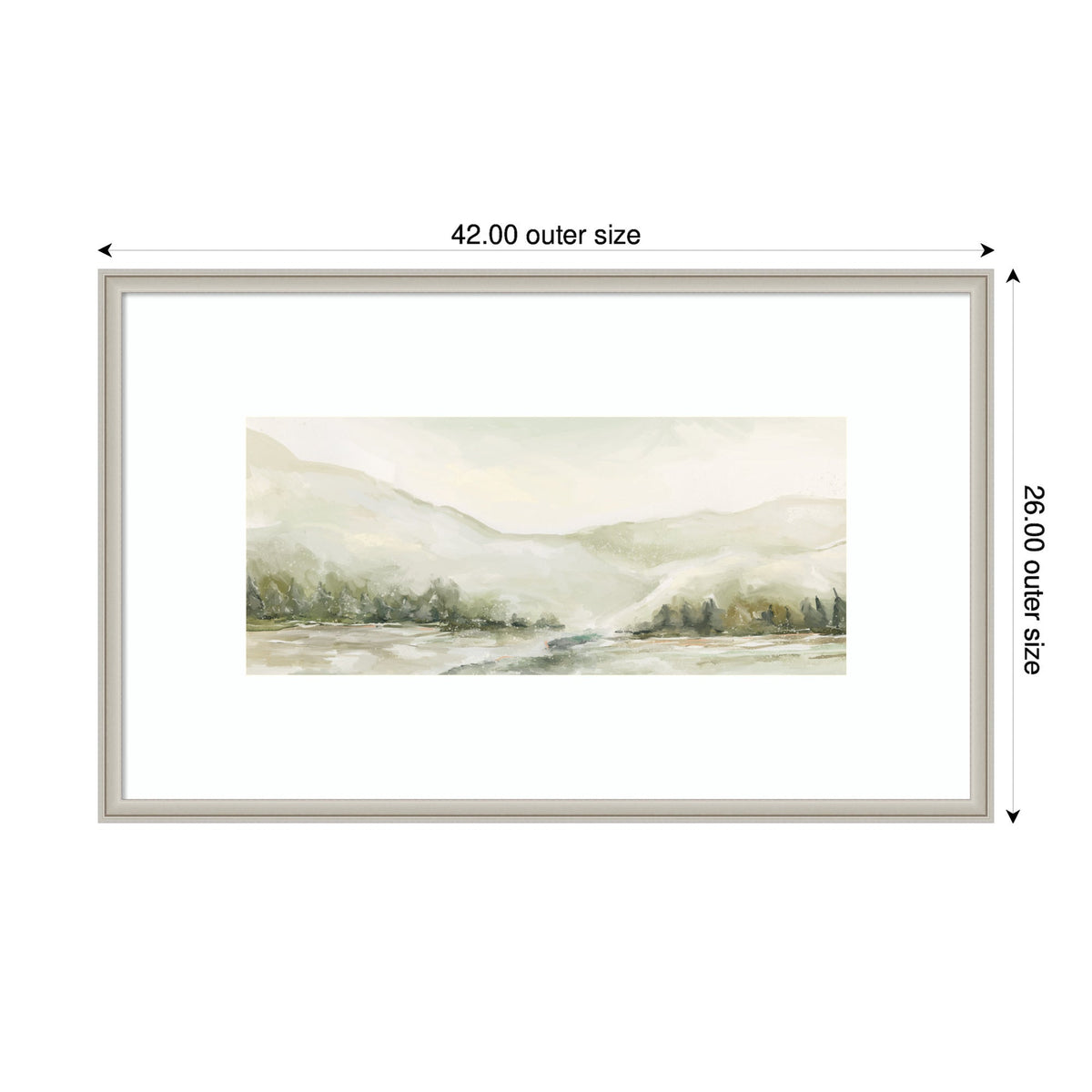 Soft watercolor landscape showing misty hills and trees in pale green and beige tones, framed in a light gray rectangular frame measuring 42 by 26 inches.