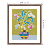 Colorful stylized snowdrop flowers with blue, pink, white petals and green leaves in a vibrant patterned vase against olive green and pale blue background, framed.