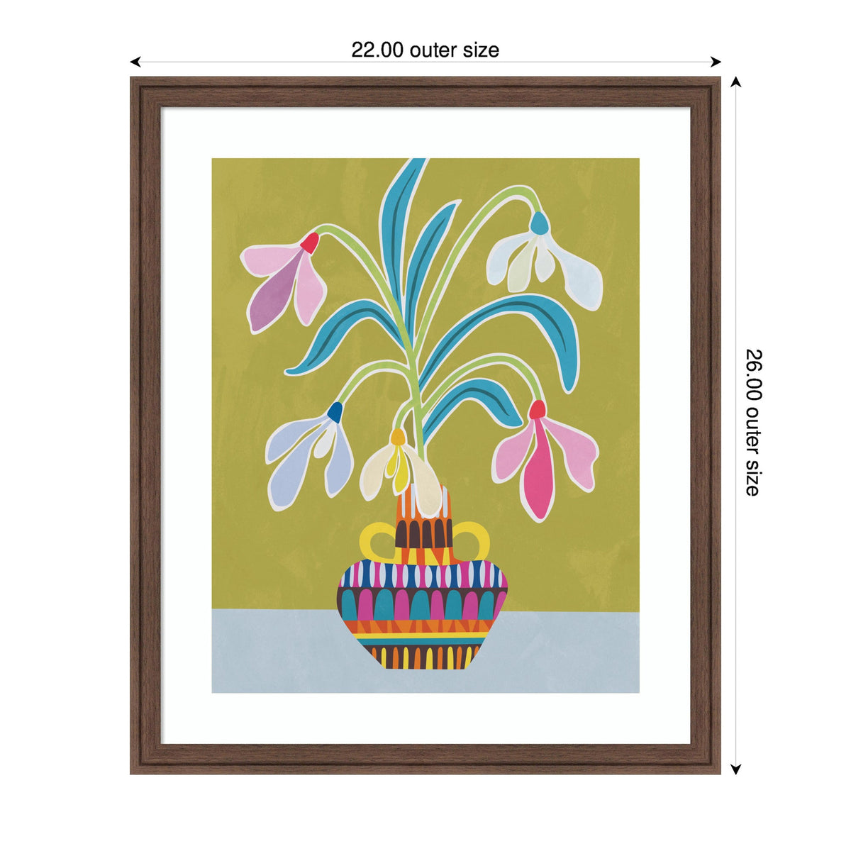 Colorful stylized snowdrop flowers with blue, pink, white petals and green leaves in a vibrant patterned vase against olive green and pale blue background, framed.