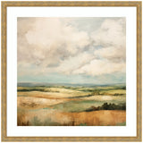 Framed abstract landscape print of rolling hills and cloudy sky in Mila Dark Gold frame