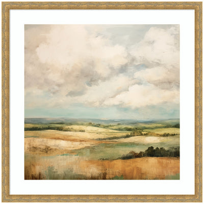 Framed abstract landscape print of rolling hills and cloudy sky in Mila Dark Gold frame