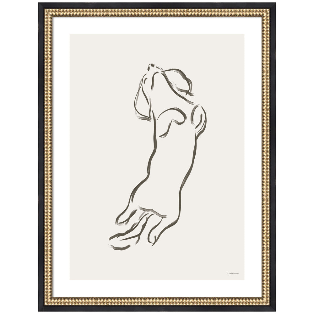 Framed wall art print of a dachshund dog by Gabrielly Guedes with castellated black designer moulding