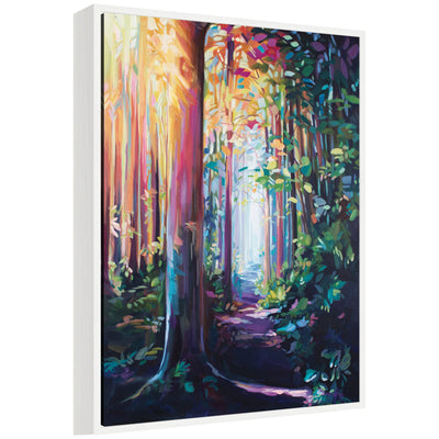 Framed canvas art showing a forest path scene with trees and foliage titled Sylvie Forest Path 2 by Rachel Christopoulos