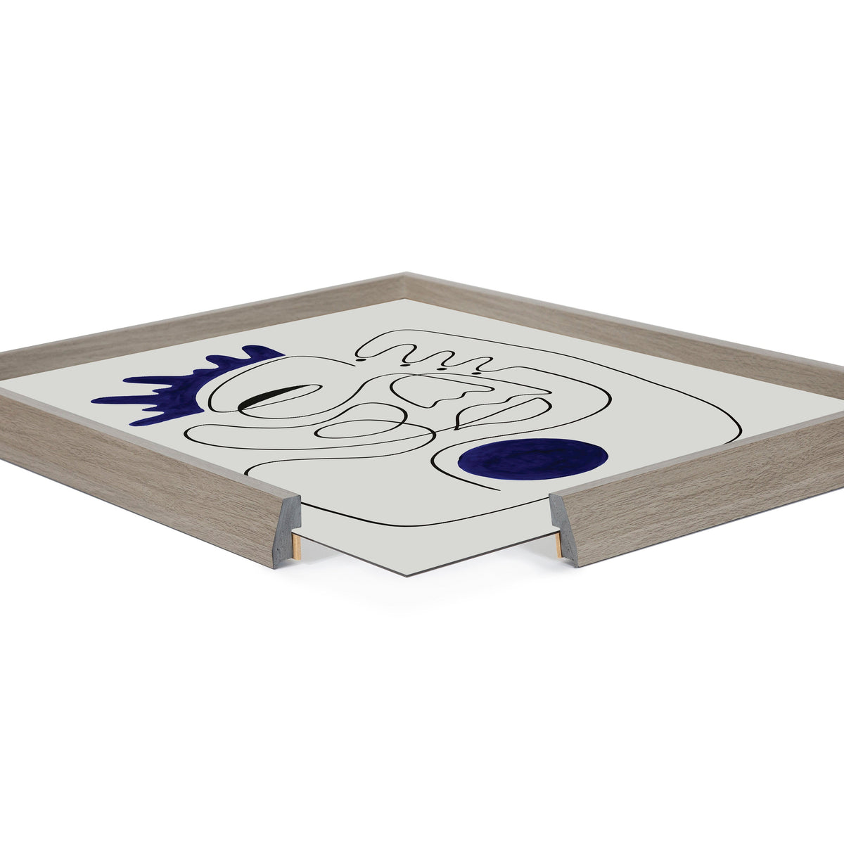 Abstract line art with blue accents on white, framed in light wood with shown corner joint detail.