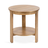 Round wood side table with a smooth top and a circular lower shelf supported by three straight legs in a natural wood finish.