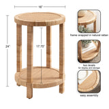 Round two-tier rattan table with four vertical legs and woven surfaces, measuring 16 inches wide and 24 inches tall, featuring natural rattan texture and easy assembly.