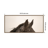 Close-up of a black horse's ears and part of its mane against a soft beige background in a rectangular frame