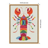 Colorful stylized lobster in a mid-century modern design with geometric patterns and vibrant stripes, framed in light wood with 18x24 inch dimensions.