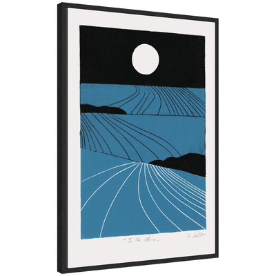 Framed canvas artwork titled Sylvie Folk To The Moon Linocut showing minimalist abstract form in black and white, by Giuliana Lazzerini.