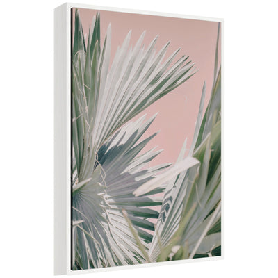 Framed canvas art titled 'Sylvie Tropical Pink Bismarck' by Alicia Bock featuring bold tropical pink palm leaves