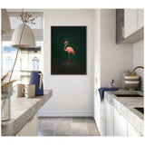 Modern kitchen with light gray countertops and white cabinets, featuring a framed flamingo artwork with a rich green background on the far wall.