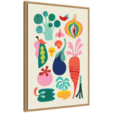Sylvie Modern Colorful Abstract Veggies Framed Canvas by Rachel Lee showing abstract shapes of vegetables in bright colors with a white polystyrene frame.