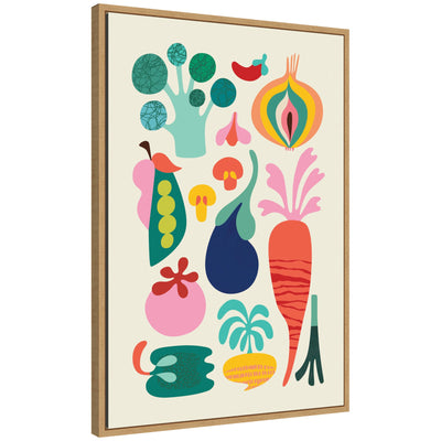 Sylvie Modern Colorful Abstract Veggies Framed Canvas by Rachel Lee showing abstract shapes of vegetables in bright colors with a white polystyrene frame.