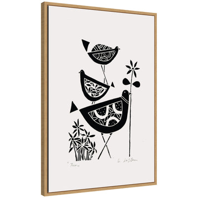 Sylvie Folk Bird Family Trio Linocut Framed Canvas by Giuliana Lazzerini